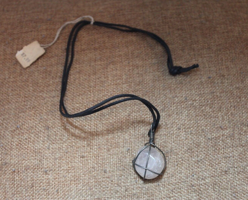 Vintage 90s Silver Wire Wrapped Around Milky Quartz Stone Necklace Pendant NOS